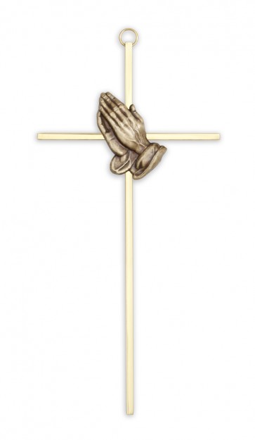 CROSS, 10" BRASS w/PRAYING HANDS